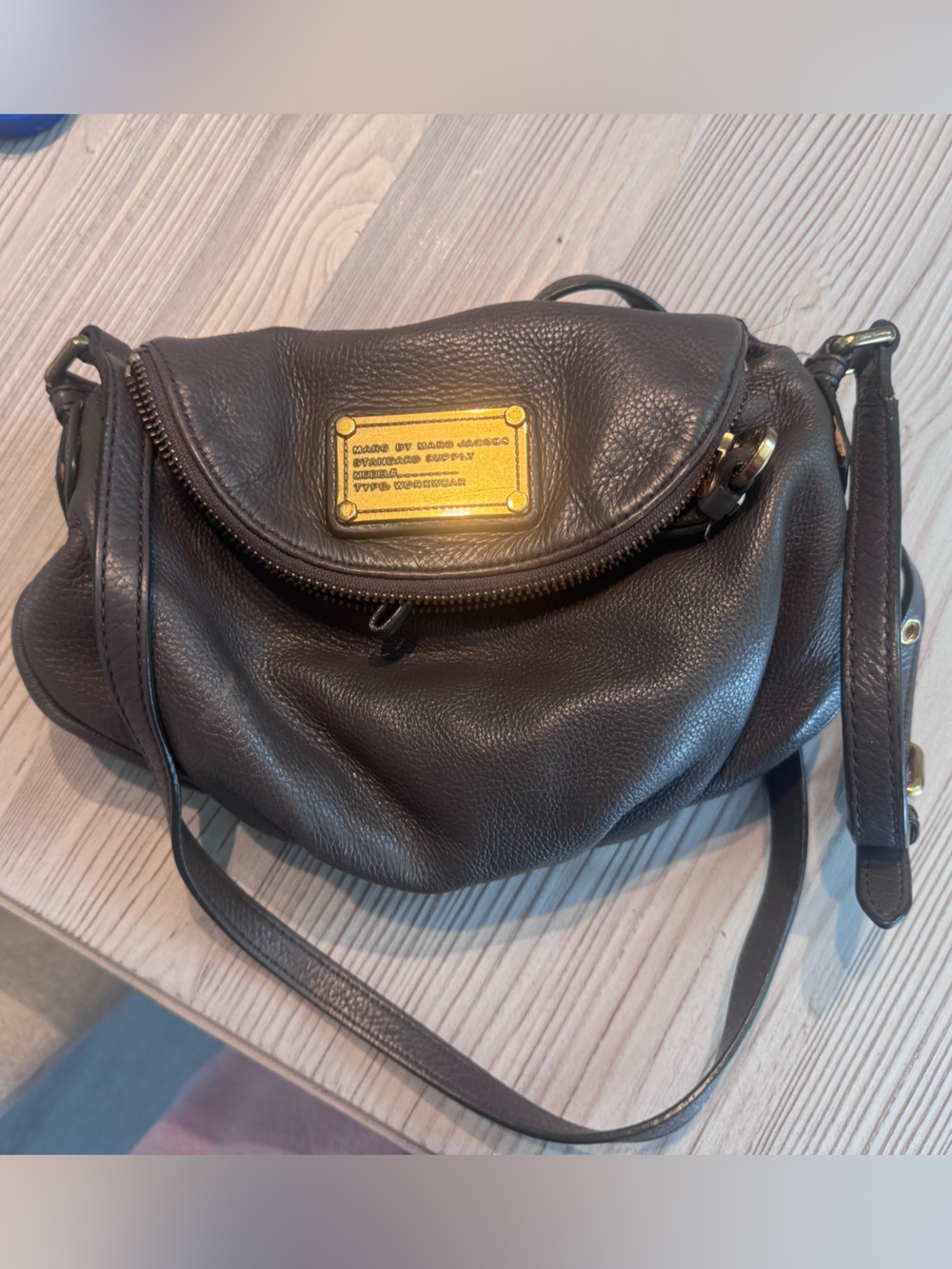 Marc Jacobs Dark Brown Pebbled Leather Crossbody with Gold Plaque